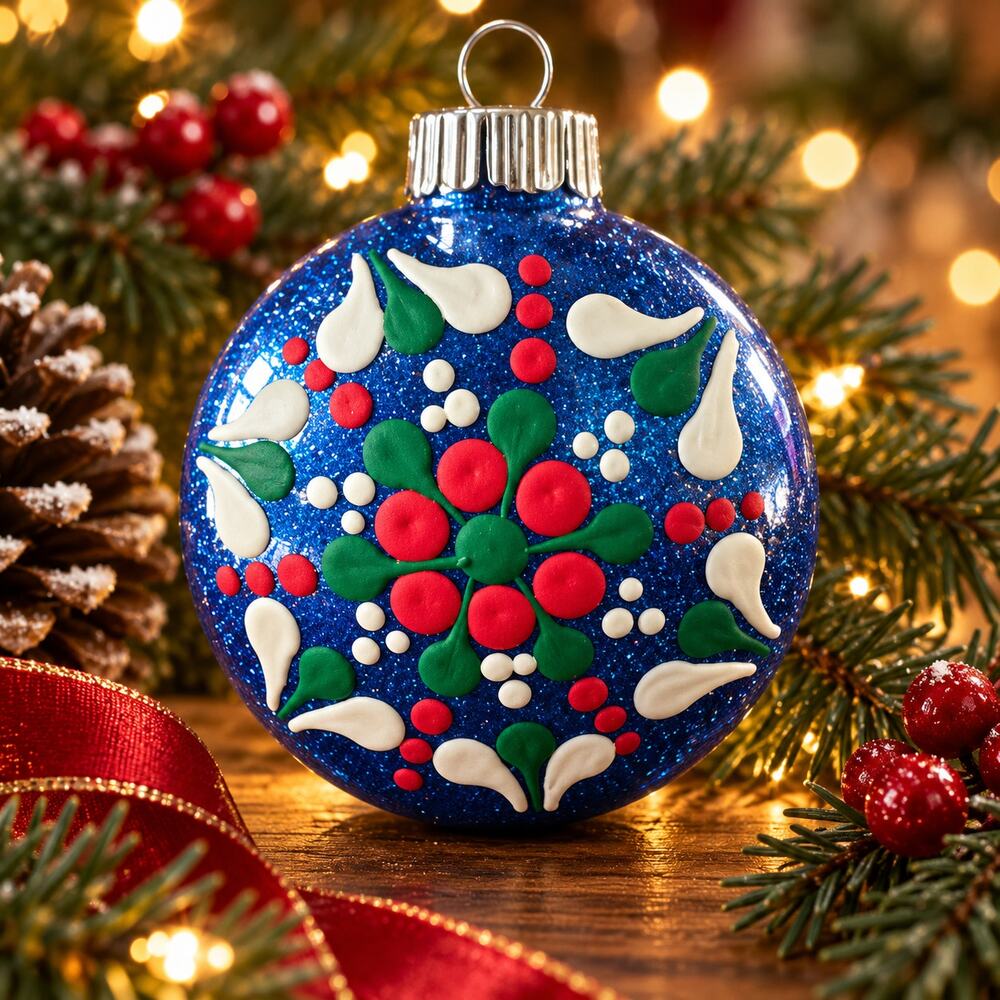 Handmade Blue Glitter Christmas Ornament Red Green White Mandala Dainty Dots